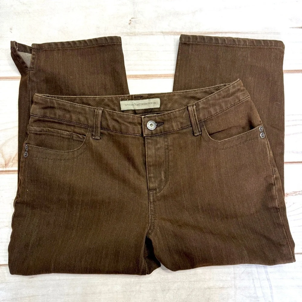Chico’s Platinum Denim Ultimate Fit Brown Capri Jeans Cropped Button Zip Fly
